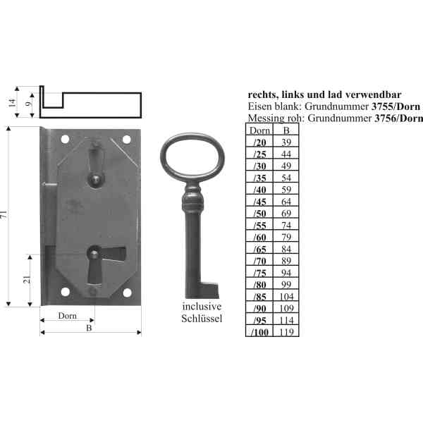 Einlassschloss in Messing roh, mit Schlüssel, Dorn 25mm, links und rechts verwendbar, für alten Schrank oder antike Kommode Bild 3