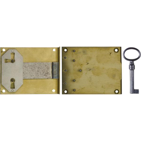 Einlassschloss antik, Messing roh, mit Schlüssel, Dornmaß 30mm, links und rechts verwendbar, für alten Schrank oder antike Kommode