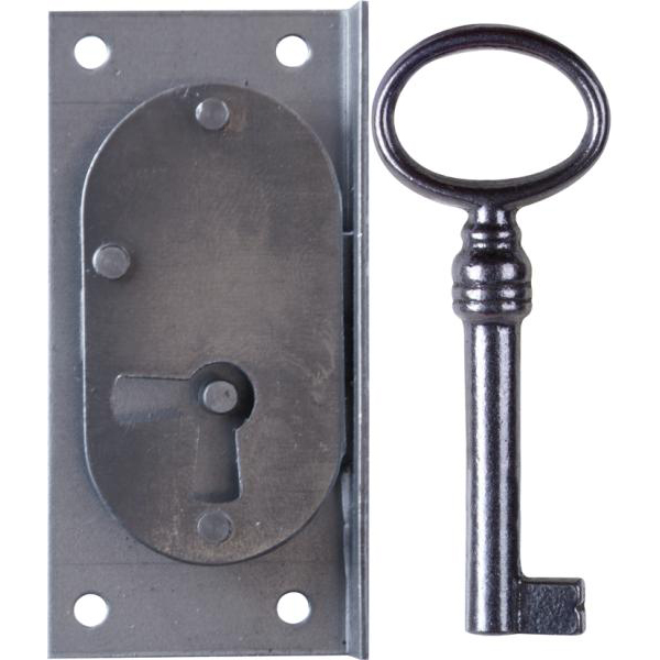 Einlassschloß sehr klein, Eisen blank, mit Schlüssel, Dornmaß 18mm links