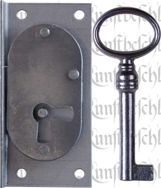 Einlassschloß klein aus Eisen blank, mit Schlüssel, Dorn 20mm rechts