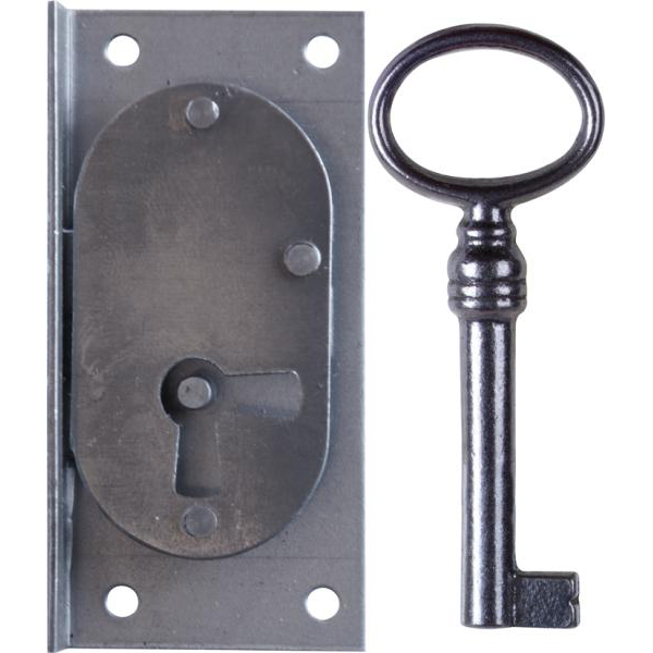 Einlassschloß klein aus Eisen blank, mit Schlüssel, Dornmaß 20mm rechts