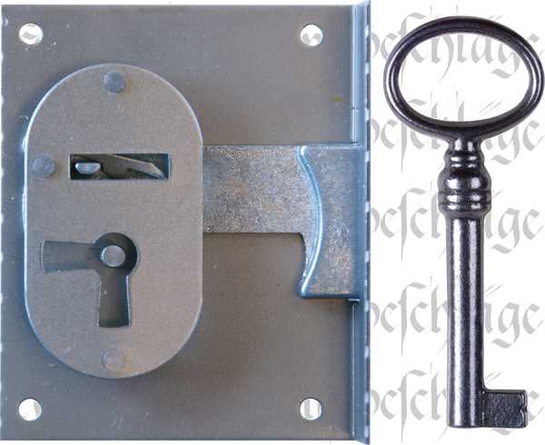 Einlassschloß antik in Eisen blank, mit Schlüssel, Dorn 60mm links