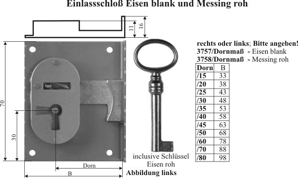 Einlassschloß altertümlich, Eisen blank, mit Schlüssel, Dorn 45mm links Bild 3