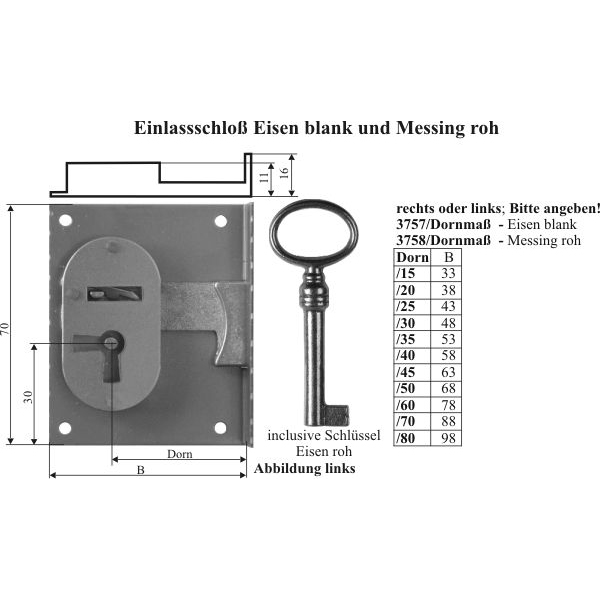 Einlassschloß für alte Möbel, Messing roh, mit Schlüssel, Dorn 45mm links Bild 3