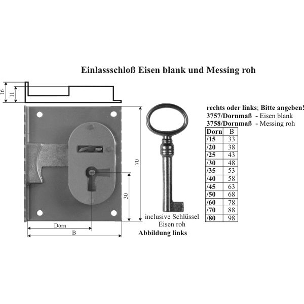 Einlassschloß Nostalgie, Messing roh, mit Schlüssel, Dorn 30mm rechts Bild 3