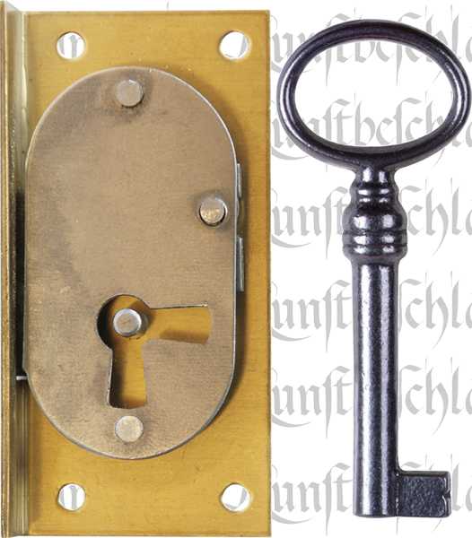 Einlassschloß alt, Messing roh, mit Schlüssel, Dorn 25mm rechts