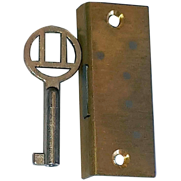 Einlassschloß alt, antik, Messing roh, mit vernickeltem Schlüssel, Dornmaß 10mm links Bild 2