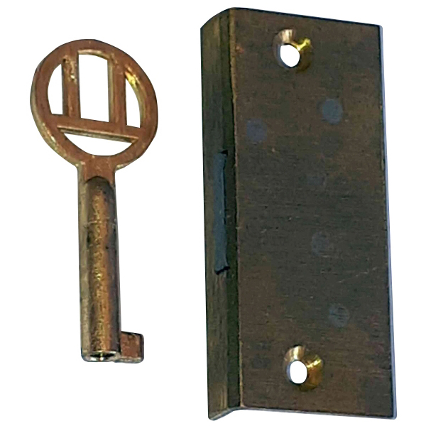 Einlassschloß alt, antik, Messing roh, mit hell vermessingtem Schlüssel, Dornmaß 10mm links Bild 2
