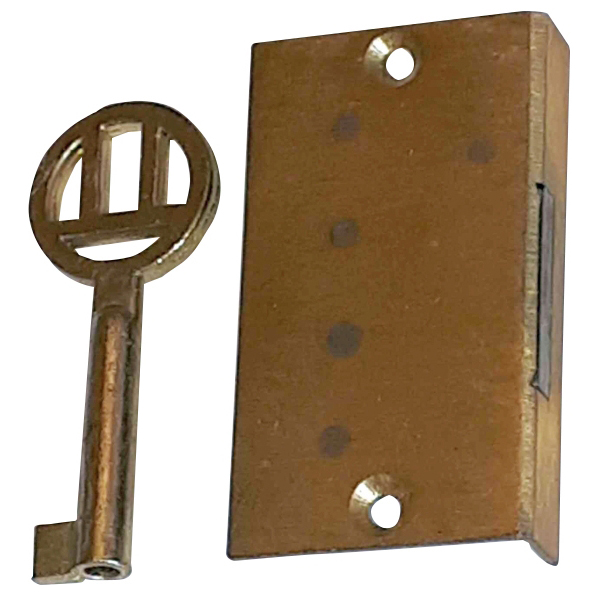 Einlassschloß alt, antik, Messing roh, mit hell vermessingtem Schlüssel, Dornmaß 14mm links Bild 2