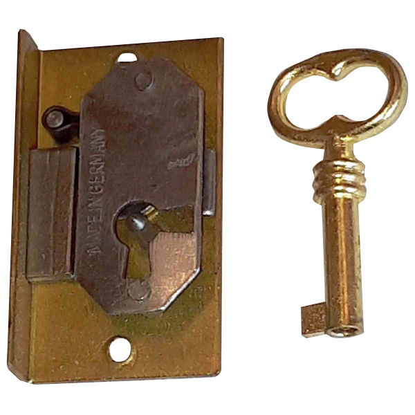 Einlassschloß alt, antik, Messing roh, mit hell vermessingtem Schlüssel, Dornmaß 14mm rechts