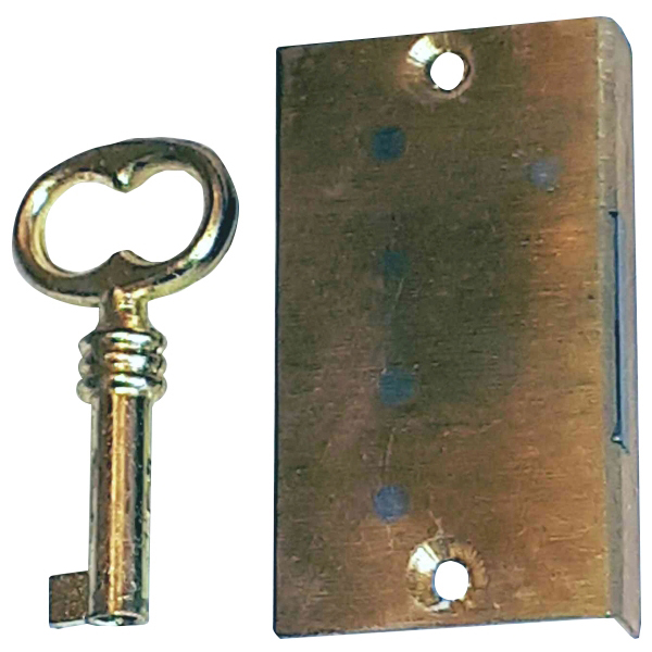 Einlassschloß alt, antik, Messing roh, mit hell vermessingtem Schlüssel, Dornmaß 14mm rechts Bild 2