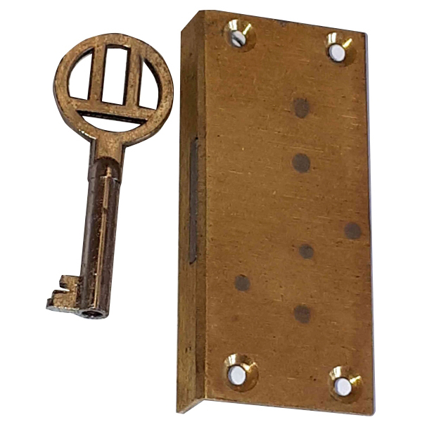 Einlassschloß alt, antik, Messing roh, mit vernickeltem Schlüssel, Dornmaß 16mm rechts Bild 2