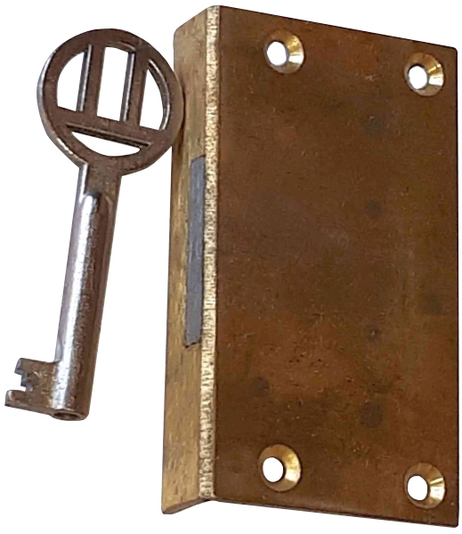 Einlassschloß altes, antikes, Messing roh, mit Schlüssel, Dornmaß 22mm rechts Bild 2