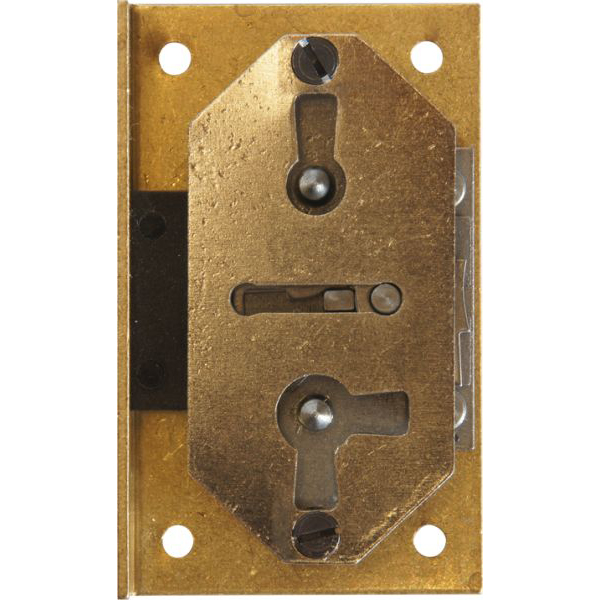 Einlassschloß antik, klein, Messing roh, mit Schlüssel, Dorn 15mm rechts und links verwendbar