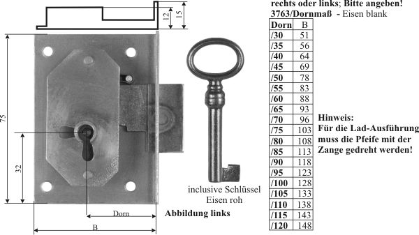 Einlassschloß für Schubladen antiker Kommoden, Eisen blank, mit Schlüssel, Dorn 85mm rechts Bild 3