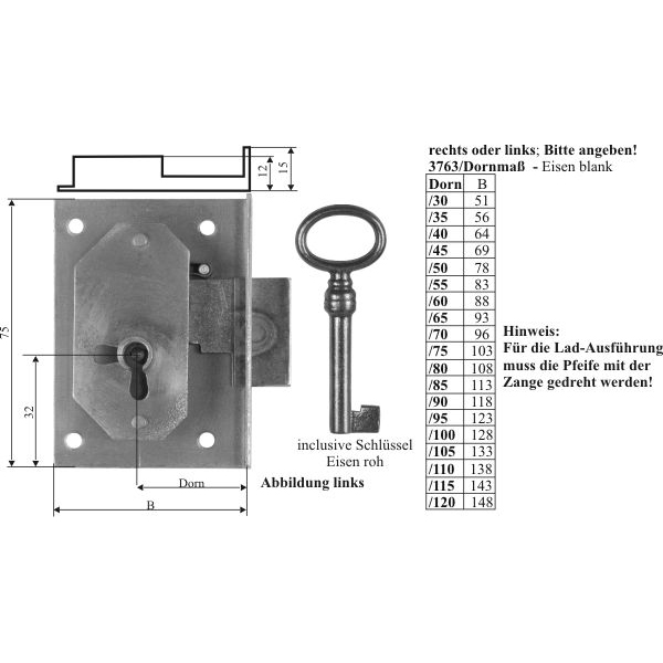 Einlassschloß für große Schubladen, Eisen blank, mit Schlüssel, Dorn 100mm links Bild 3