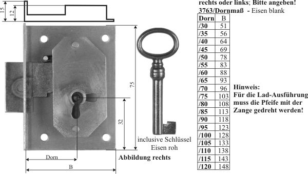 Einlaßschloß+Schlüssel Eisen rechts Dorn 60 Möbelbeschläge Griffe Möbelschlösser 