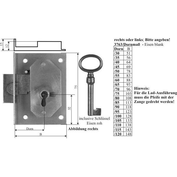 Einlassschloß, Eisen blank, mit Schlüssel, Dorn 120mm rechts für sehr große Schubladen von Kommoden Bild 3