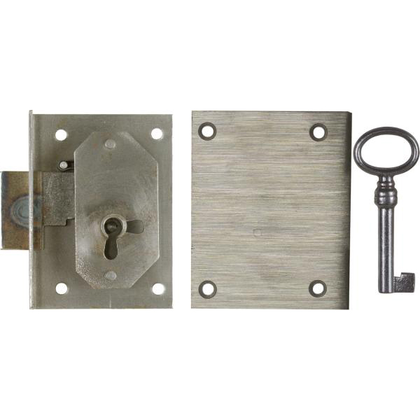 Einlassschloß für Schubladen antiker Kommoden, Eisen blank, mit Schlüssel, Dornmaß 85mm rechts
