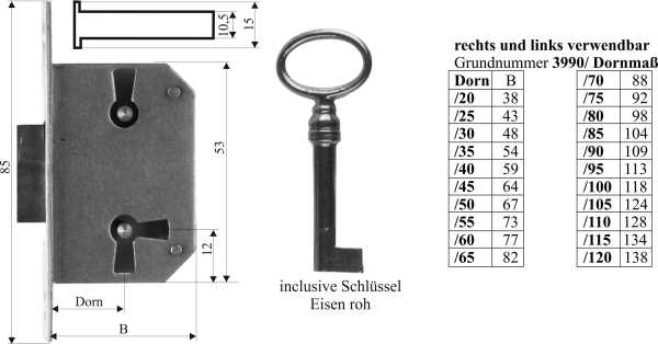 Einsteckschloß Eisen mit Messingstulpe, mit Schlüssel, Eisen, Dornmaß 50mm, rechts und links verwendbar Bild 3
