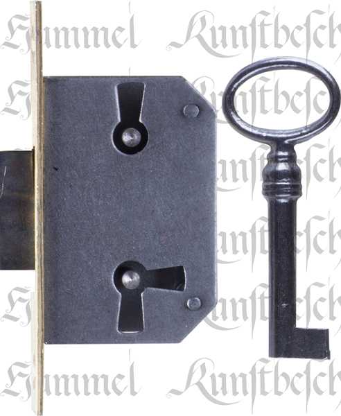 Einstemmschloß mit Messingstulpe, mit altem Schlüssel, Eisen, Dorn 40mm, rechts und links verwendbar