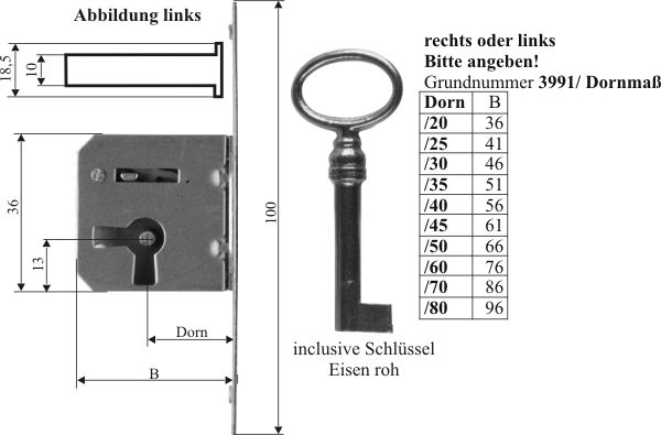 Einsteckschloss mit Messingstulpe, mit Schlüssel, Eisen, Dorn 25mm rechts, für alten Schrank oder antike Kommode Bild 3