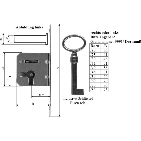 Einsteckschloss mit Messingstulpe, mit Schlüssel, Eisen, Dorn 50mm rechts, für alten Schrank oder antike Kommode Bild 3