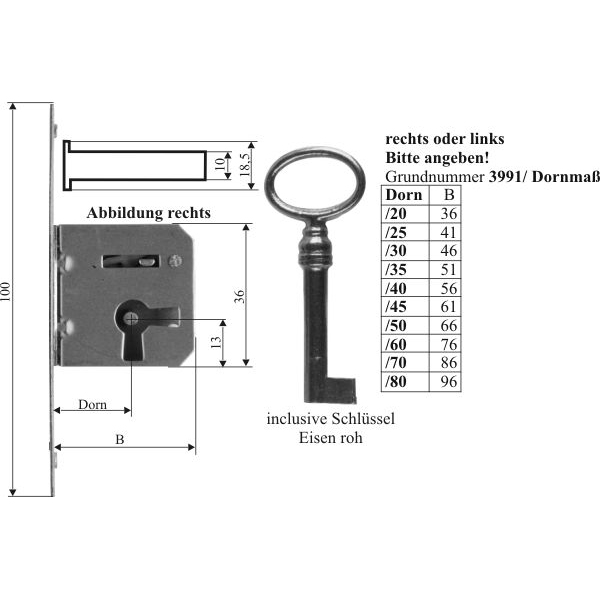 Einsteckschloss mit Messingstulpe, mit Schlüssel, Eisen, Dorn 35mm links, für alten Schrank oder antike Kommode Bild 3