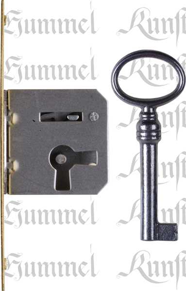 Einsteckschloss mit Messingstulpe, mit Schlüssel, Eisen, Dorn 25mm rechts, für alten Schrank oder antike Kommode