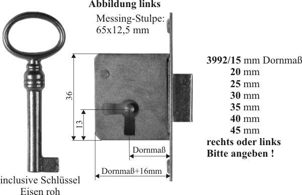 Einsteckschloß mit Messingstulpe, mit Schlüssel, Eisen, Dorn 35mm links, für alten Schrank antike Kommode Bild 3