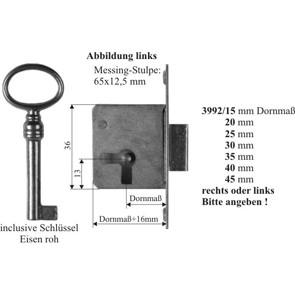 Einsteckschloß mit Messingstulpe, mit Schlüssel, Eisen, Dorn 15mm links, für alten Schrank antike Kommode Bild 3