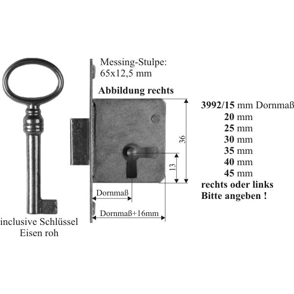 Einsteckschloß mit Messingstulpe, mit Schlüssel, Eisen, Dorn 45mm rechts, für alten Schrank antike Kommode Bild 3