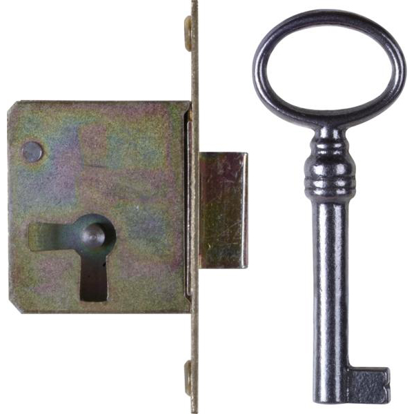 Einsteckschloß mit Messingstulpe, mit Schlüssel, Eisen, Dornmaß 30mm links, für alten Schrank antike Kommode