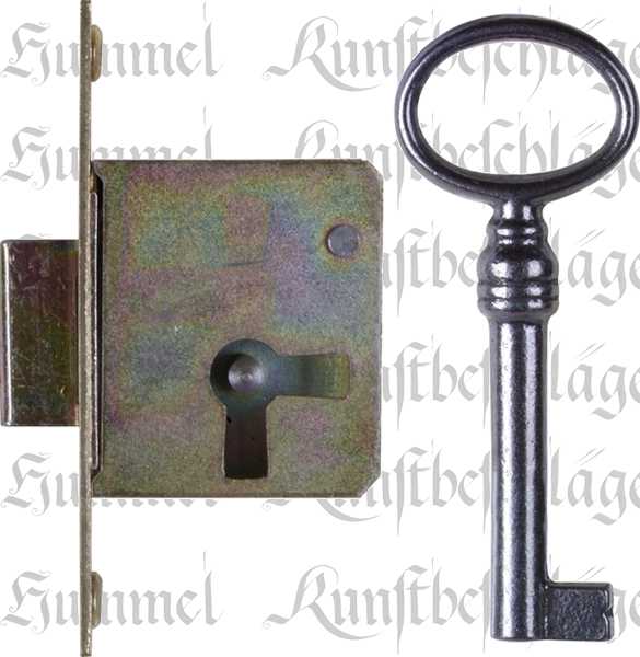 Einsteckschloß mit Messingstulpe, mit Schlüssel, Eisen, Dorn 45mm rechts, für alten Schrank antike Kommode