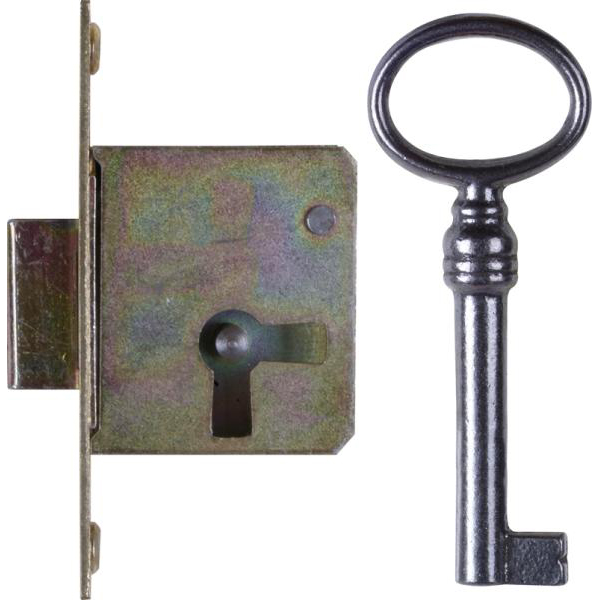 Einsteckschloß mit Messingstulpe, mit Schlüssel, Eisen, Dornmaß 20mm rechts, für alten Schrank antike Kommode
