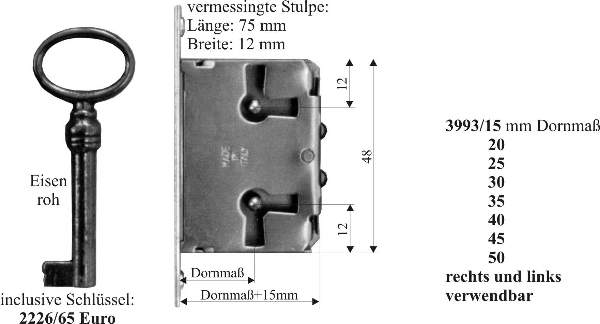 Einsteckschloß, mit altem Schlüssel, Dorn 40mm, rechts und links verwendbar. Für Möbel wie Schränke und Kommoden bestens geeignet. Bild 3