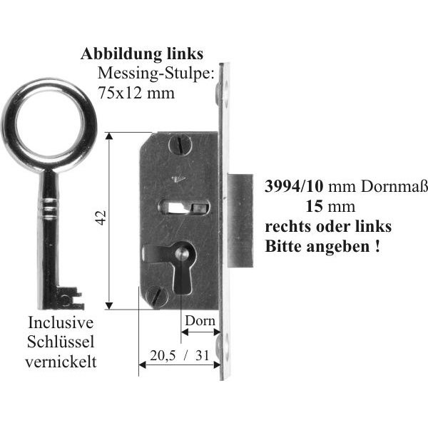 Einsteckschloß altes, mit vernickeltem Schlüssel, Dorn 15mm links Bild 3