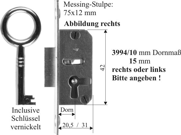 Einsteckschloß antikes, mit vernickeltem Schlüssel, Dorn 15mm rechts Bild 3
