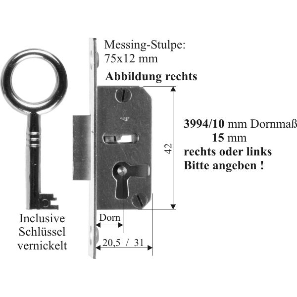 Einsteckschloß antikes, mit vernickeltem Schlüssel, Dorn 15mm rechts Bild 3