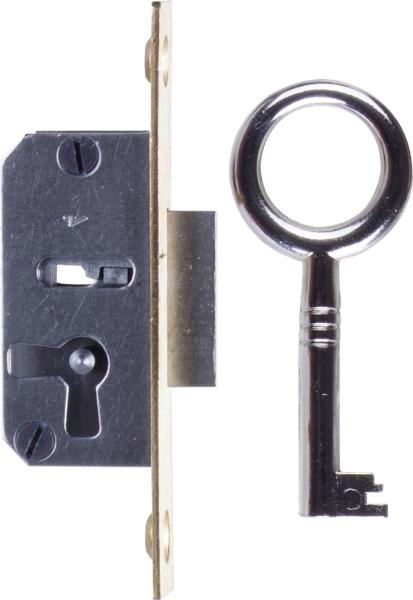 Einsteckschloß altes, mit vernickeltem Schlüssel, Dorn 15mm links