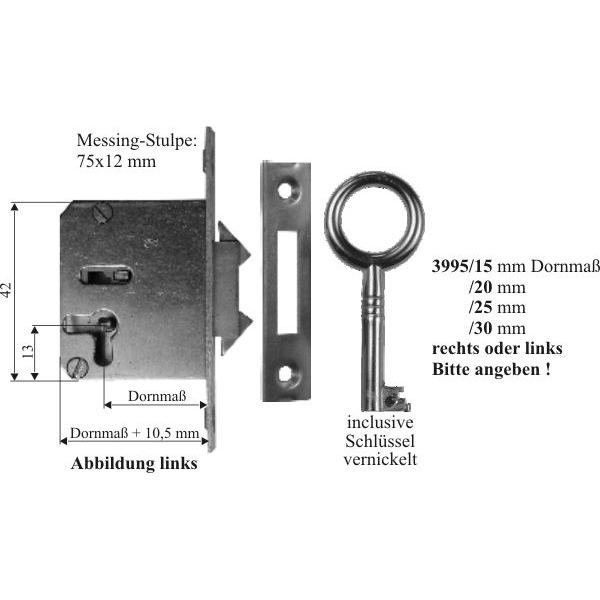 Einsteckschloß, Flügelriegelschloss mit vernickeltem Schlüssel, Dornmaß 20mm links Bild 3