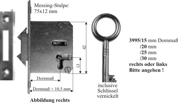 Einsteckschloß, mit vernickeltem Schlüssel, Dornmaß 25mm rechts, auch für Klavier, Flügelriegelschloss Bild 3