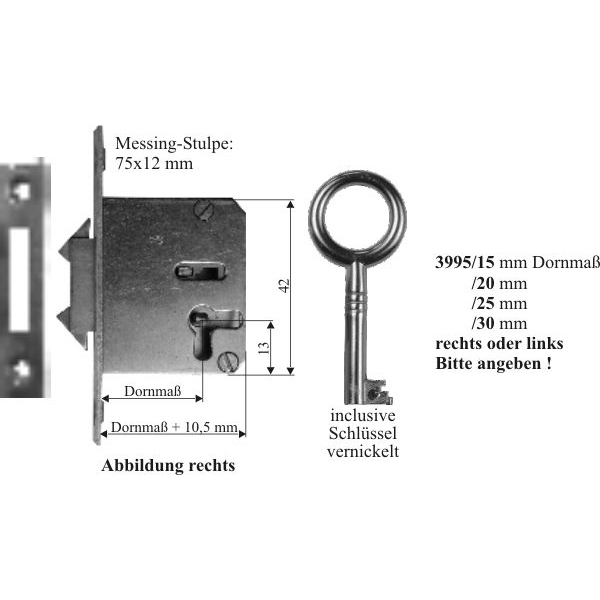 Einsteckschloß, mit vernickeltem Schlüssel, Dornmaß 30mm rechts, Flügelriegelschloss Bild 3