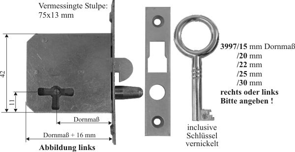 Einsteckschloß antik, mit vernickeltem Schlüssel, Dorn 15mm links, Rollladenschloß, Einzelstück, nur noch 3 Stück verfügbar. Bild 3