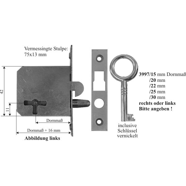Einsteckschloß, mit vernickeltem Schlüssel, Dornmaß 20mm links, Rollladenschloss Bild 3