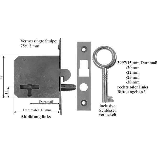 Einsteckschloß, mit vernickeltem Schlüssel, Dorn 30mm links, Rollladenschloss Bild 3