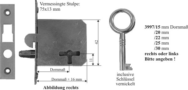 Einsteckschloß, mit vernickeltem Schlüssel, Dorn 20mm rechts, Rollladenschloss Bild 3