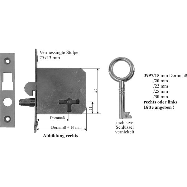 Einsteckschloß antik, mit vernickeltem Schlüssel, Dorn 15mm rechts, Rollladenschloss Bild 3