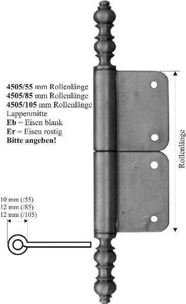 Fischband lappenmitte, Eisen altverzinnt, für alte und neue Möbeltüren