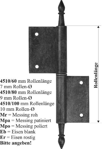 Fischband rechts, Eisen blank, Fitsche für antike Möbel